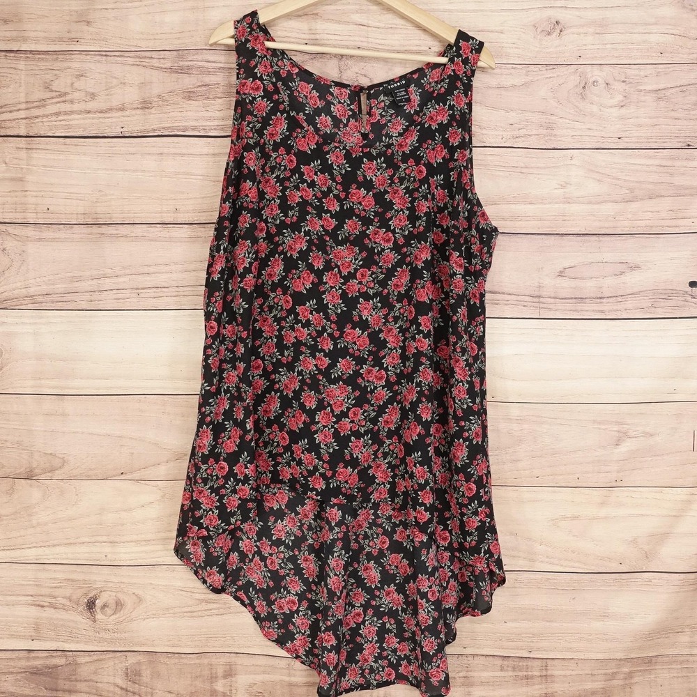 Torrid Top Womens 2 Black Floral Scoop Neck Sleeveless Chiffon Tunic Top